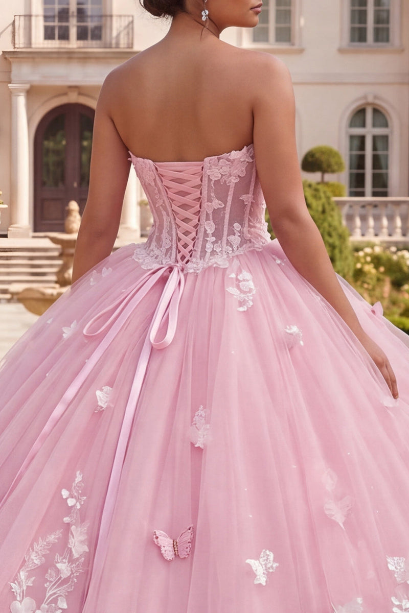 Load image into Gallery viewer, Princess Pink Floral Long Corset Prom Dress with Ruffles