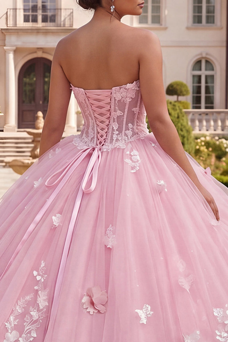 Load image into Gallery viewer, Princess Pink Floral Long Corset Prom Dress with Ruffles