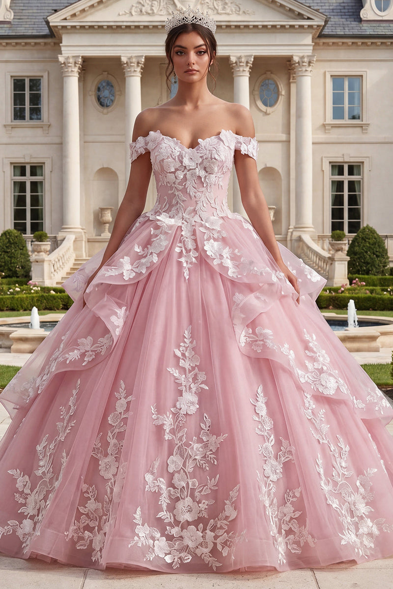 Queendancer Women Pink Floral Long Prom Dress with Ruffles Off the
