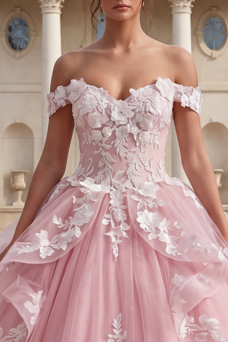 Load image into Gallery viewer, Pink Floral Off the Shoulder Long Prom Dress with Ruffles