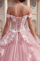 Load image into Gallery viewer, Pink Floral Off the Shoulder Long Prom Dress with Ruffles
