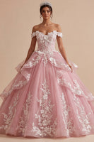 Load image into Gallery viewer, Pink Floral Off the Shoulder Long Prom Dress with Ruffles