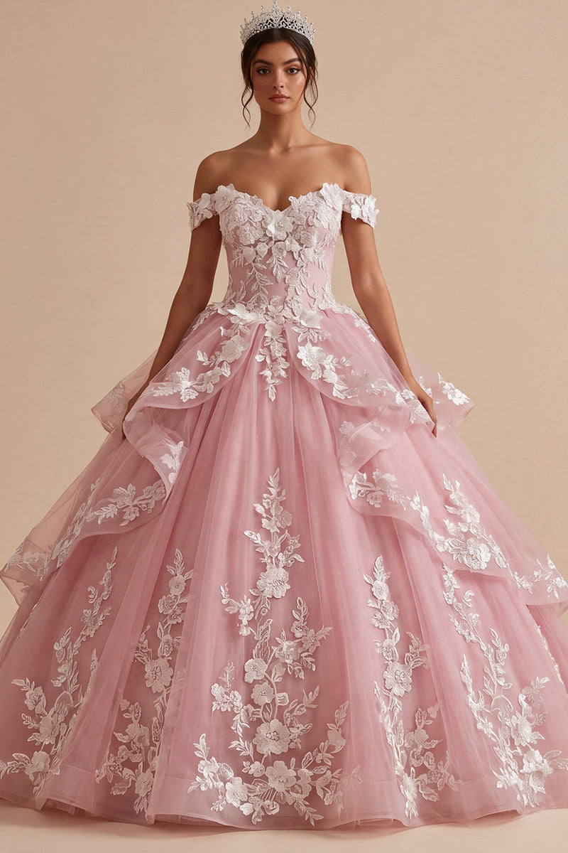 Load image into Gallery viewer, Pink Floral Off the Shoulder Long Prom Dress with Ruffles