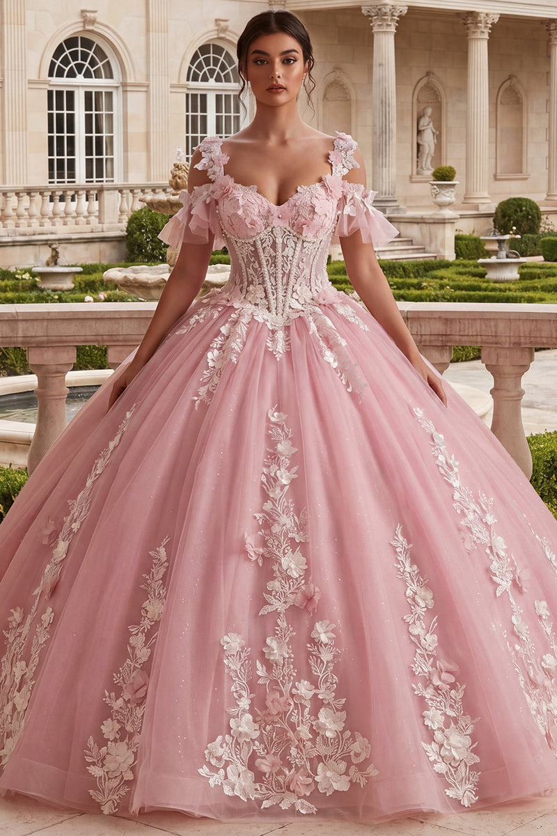 Load image into Gallery viewer, Sparkly Pink Long Corset Floral Cold Shoulder Prom Dress