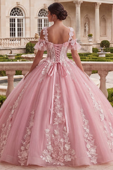 Sparkly Pink Long Corset Floral Cold Shoulder Prom Dress
