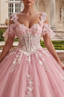 Load image into Gallery viewer, Sparkly Pink Long Corset Floral Cold Shoulder Prom Dress