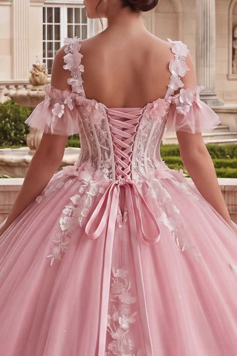 Load image into Gallery viewer, Sparkly Pink Long Corset Floral Cold Shoulder Prom Dress
