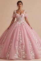 Load image into Gallery viewer, Sparkly Pink Long Corset Floral Cold Shoulder Prom Dress