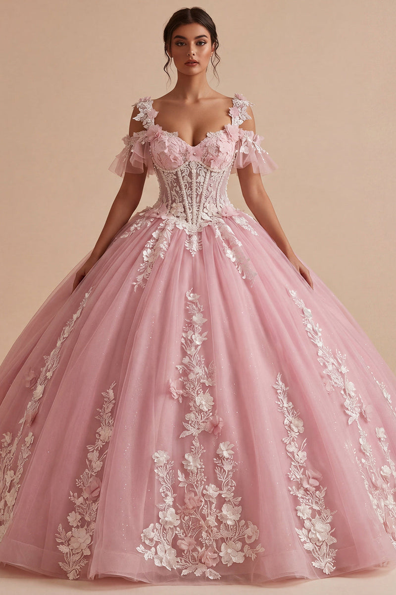 Load image into Gallery viewer, Sparkly Pink Long Corset Floral Cold Shoulder Prom Dress