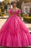 Load image into Gallery viewer, Sparkly Fuchsia Corset Long Off the Shoulder Beaded Prom Dress