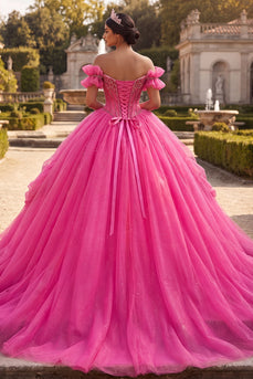 Sparkly Fuchsia Corset Long Off the Shoulder Beaded Prom Dress