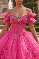 Load image into Gallery viewer, Sparkly Fuchsia Corset Long Off the Shoulder Beaded Prom Dress