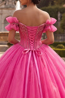 Load image into Gallery viewer, Sparkly Fuchsia Corset Long Off the Shoulder Beaded Prom Dress