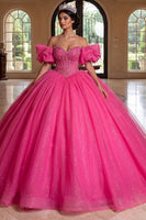 Load image into Gallery viewer, Strapless Sparkly Fuchsia Princess Long Beaded Corset Prom Dress