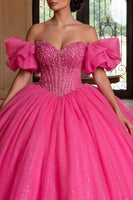 Load image into Gallery viewer, Strapless Sparkly Fuchsia Princess Long Beaded Corset Prom Dress