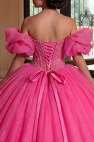 Load image into Gallery viewer, Strapless Sparkly Fuchsia Princess Long Beaded Corset Prom Dress