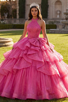 Load image into Gallery viewer, Sparkly Halter Fuchsia Long Ruched Beaded Prom Dress with Ruffles