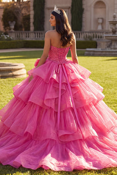 Sparkly Halter Fuchsia Long Ruched Beaded Prom Dress with Ruffles