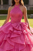 Load image into Gallery viewer, Sparkly Halter Fuchsia Long Ruched Beaded Prom Dress with Ruffles