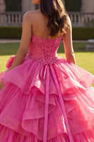 Load image into Gallery viewer, Sparkly Halter Fuchsia Long Ruched Beaded Prom Dress with Ruffles