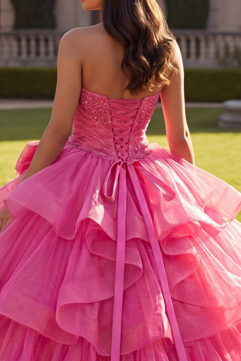 Load image into Gallery viewer, Sparkly Halter Fuchsia Long Ruched Beaded Prom Dress with Ruffles