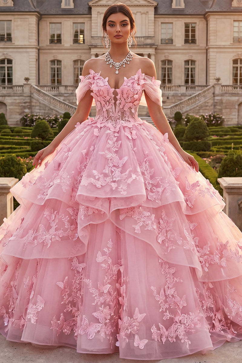 Load image into Gallery viewer, Pink Long Off the Shoulder Butterflies Princess Prom Dress with Ruffles