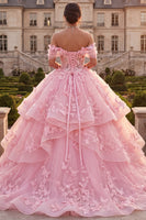 Load image into Gallery viewer, Pink Long Off the Shoulder Butterflies Princess Prom Dress with Ruffles