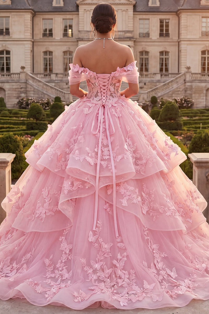 Load image into Gallery viewer, Pink Long Off the Shoulder Butterflies Princess Prom Dress with Ruffles