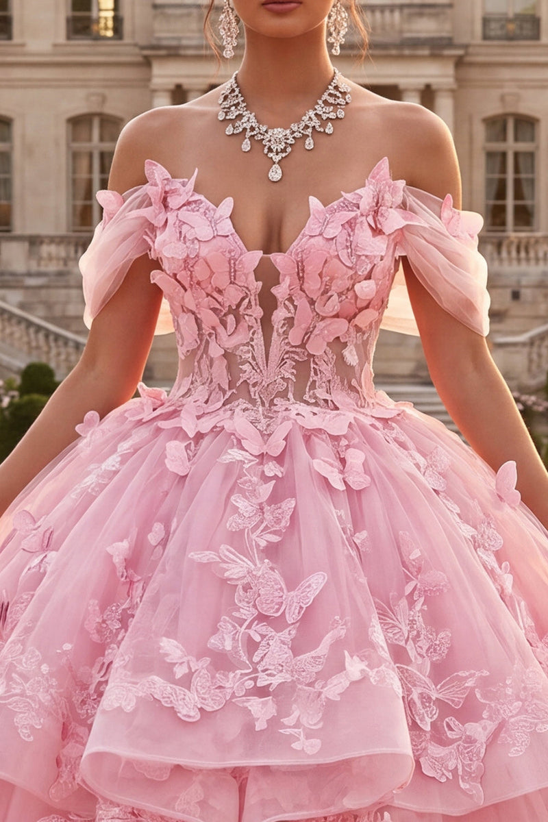 Load image into Gallery viewer, Pink Long Off the Shoulder Butterflies Princess Prom Dress with Ruffles