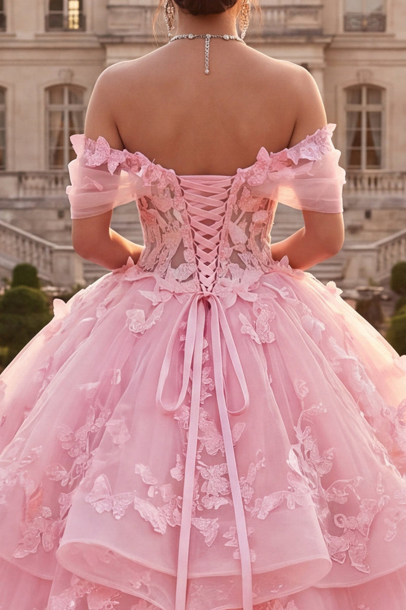 Load image into Gallery viewer, Pink Long Off the Shoulder Butterflies Princess Prom Dress with Ruffles