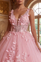 Load image into Gallery viewer, Pink V-Neck Corset Long Prom Dress with Butterflies