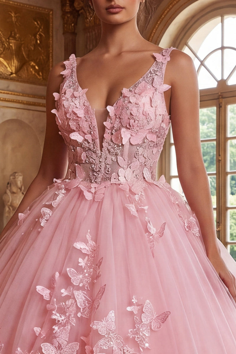 Load image into Gallery viewer, Pink V-Neck Corset Long Prom Dress with Butterflies