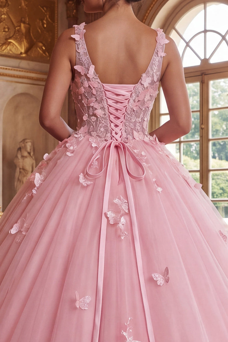 Load image into Gallery viewer, Pink V-Neck Corset Long Prom Dress with Butterflies