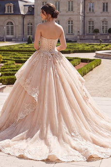 Glitter Strapless Champagne Princess Long Prom Dress with Ruffles