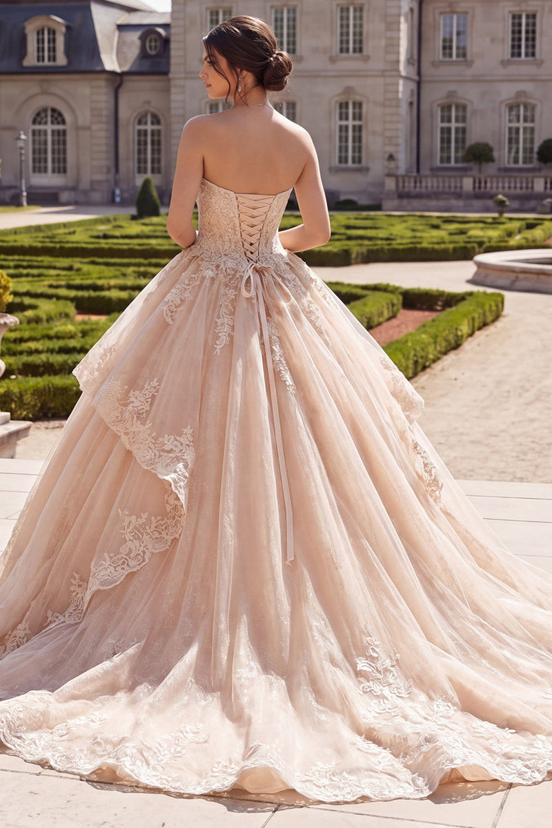Load image into Gallery viewer, Glitter Strapless Champagne Princess Long Prom Dress with Ruffles