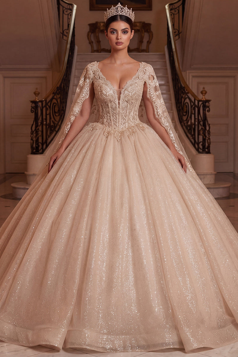 Load image into Gallery viewer, Champagne V-Neck Corset Glitter Long Prom Dress with Cape