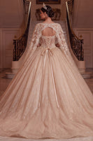 Load image into Gallery viewer, Champagne V-Neck Corset Glitter Long Prom Dress with Cape