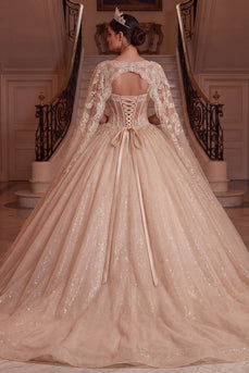 Champagne V-Neck Corset Glitter Long Prom Dress with Cape