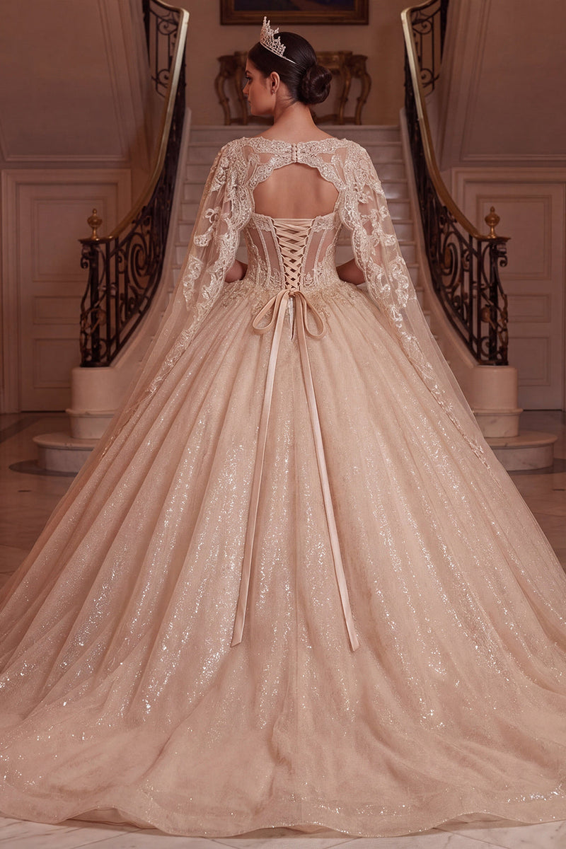 Load image into Gallery viewer, Champagne V-Neck Corset Glitter Long Prom Dress with Cape