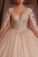Load image into Gallery viewer, Champagne V-Neck Corset Glitter Long Prom Dress with Cape