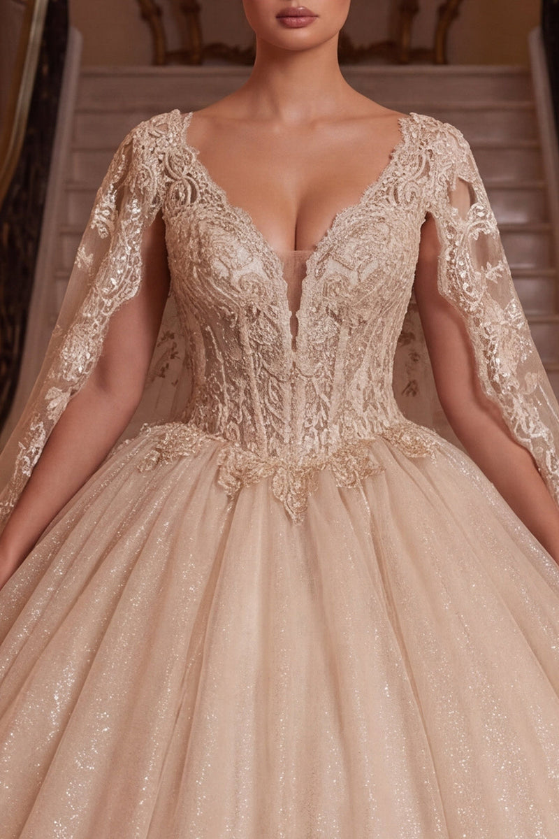Load image into Gallery viewer, Champagne V-Neck Corset Glitter Long Prom Dress with Cape