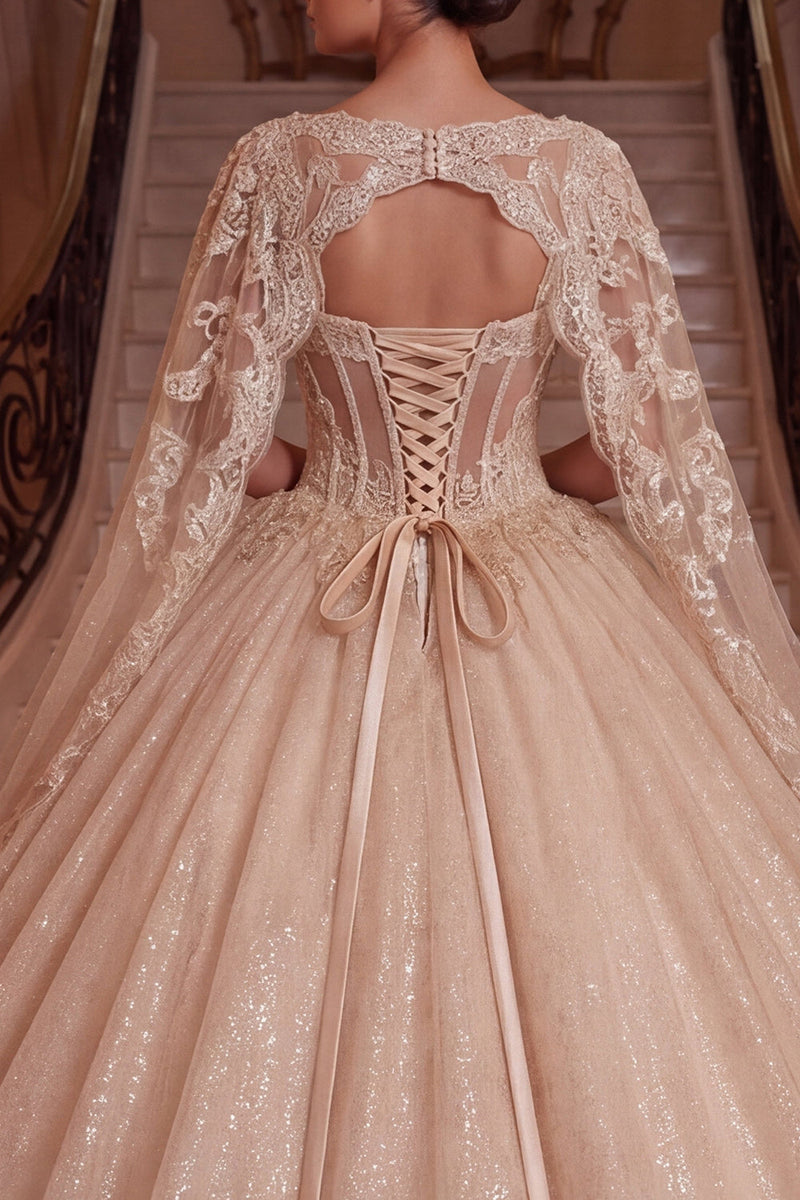 Load image into Gallery viewer, Champagne V-Neck Corset Glitter Long Prom Dress with Cape