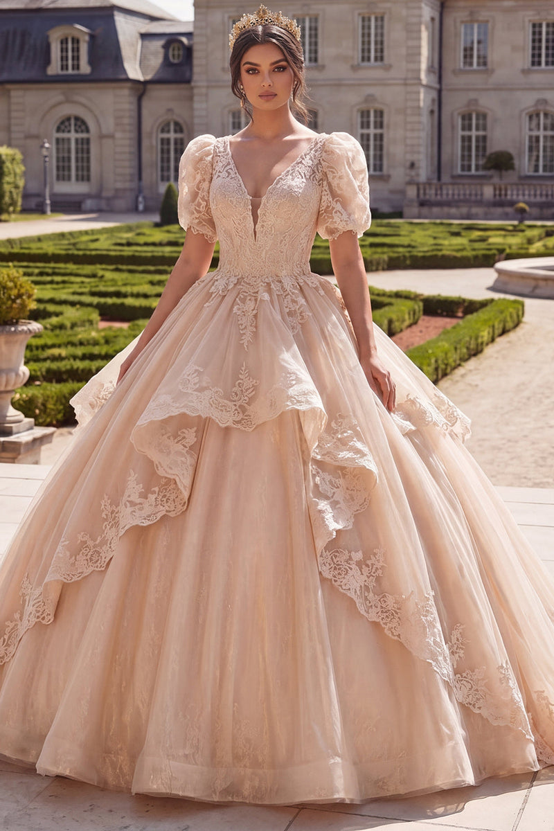 Load image into Gallery viewer, V-Neck Glitter Champagne Princess Long Prom Dress with Ruffles