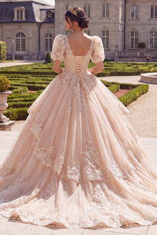 V-Neck Glitter Champagne Princess Long Prom Dress with Ruffles