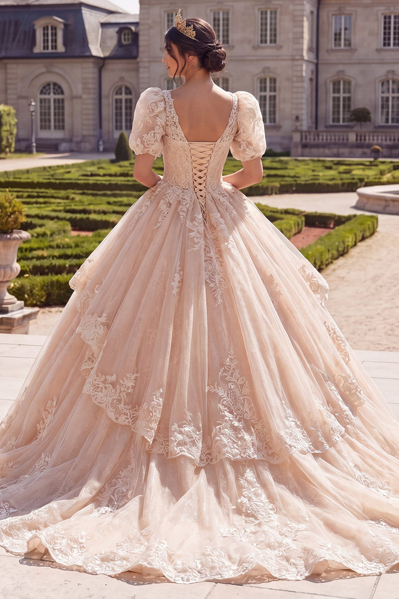Load image into Gallery viewer, V-Neck Glitter Champagne Princess Long Prom Dress with Ruffles