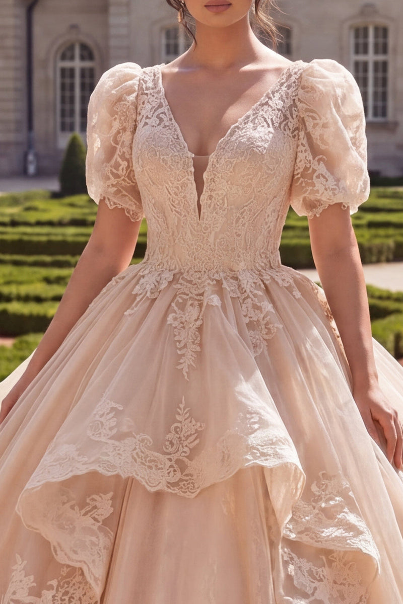 Load image into Gallery viewer, V-Neck Glitter Champagne Princess Long Prom Dress with Ruffles