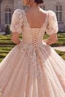 Load image into Gallery viewer, V-Neck Glitter Champagne Princess Long Prom Dress with Ruffles
