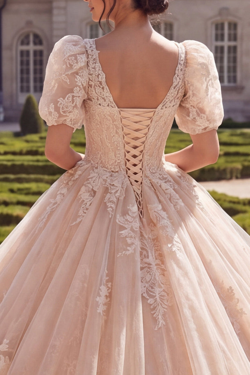 Load image into Gallery viewer, V-Neck Glitter Champagne Princess Long Prom Dress with Ruffles
