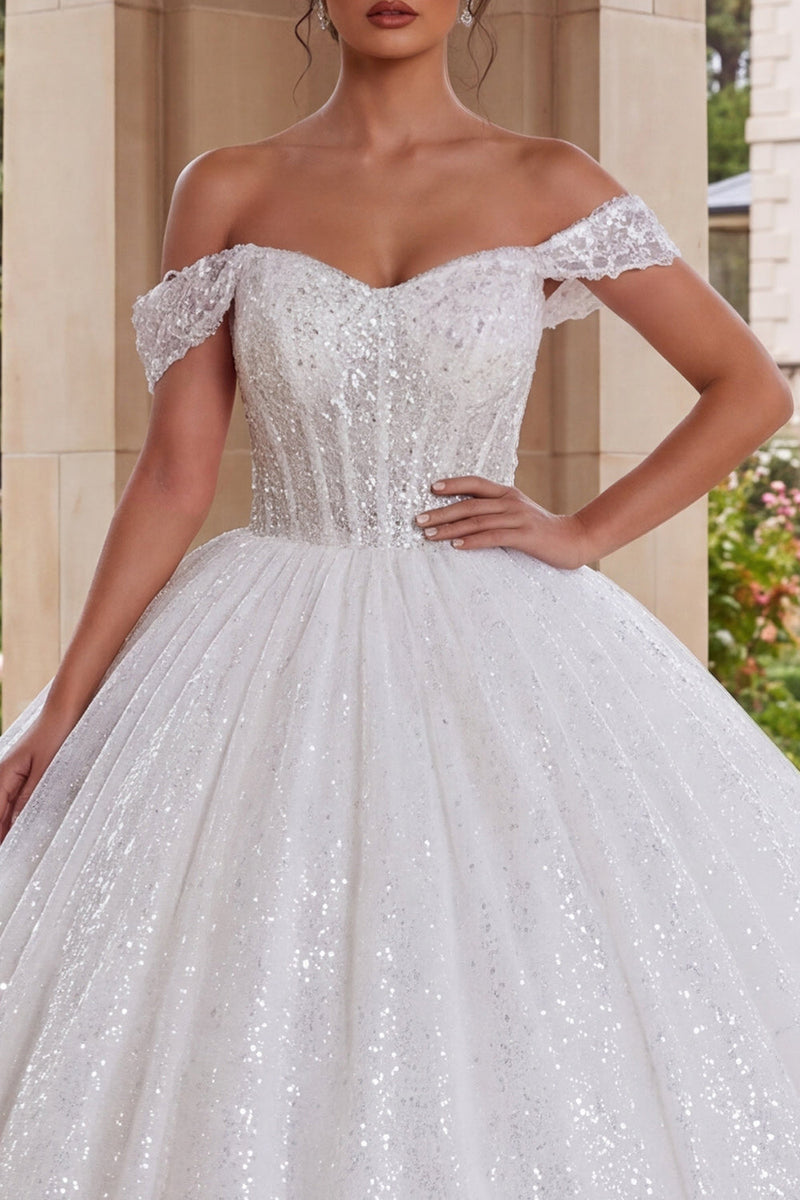 Load image into Gallery viewer, White Sparkly Off the Shoulder Princess Long Prom Dress with Beading