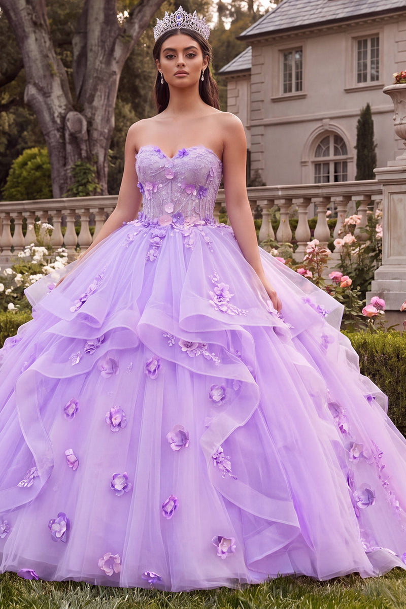 Load image into Gallery viewer, Strapless Long Floral Princess Lilac Corset Prom Dress with Ruffles